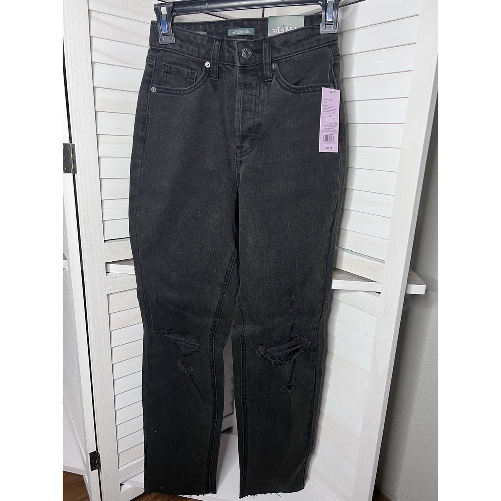 Wild‎ Fable Black Wash Distressed Super High Rise Slim Straight Jeans 00 NWT